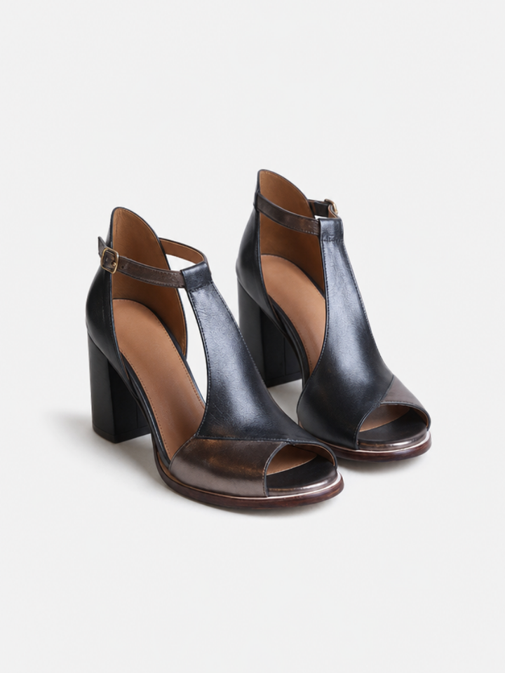 Nadaria | Black Patchwork Peep Toe Heels