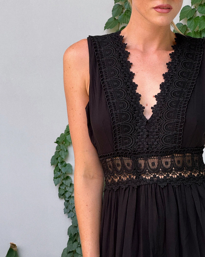 Blanche | Women's Cotton Lace Panel Tiered V-Neck Maxi Dress