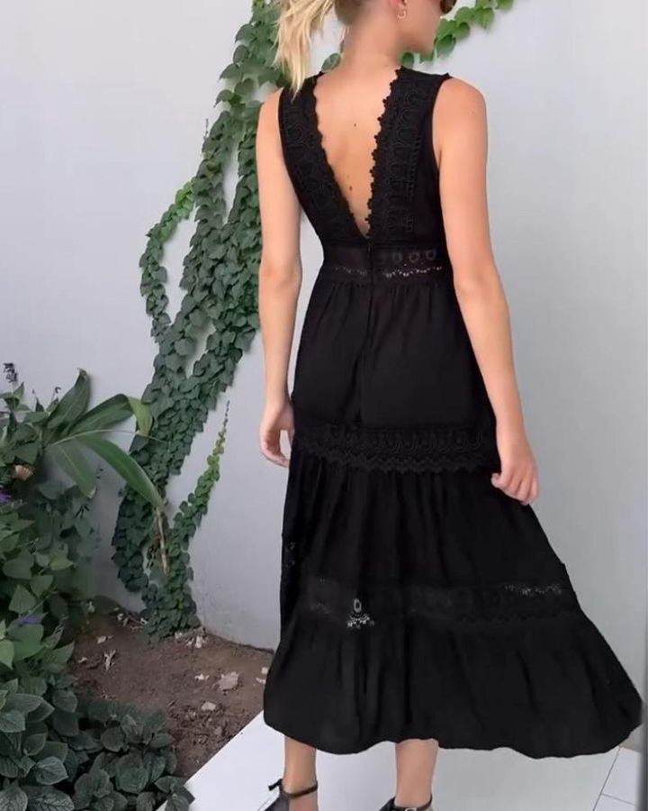 Blanche | Women's Cotton Lace Panel Tiered V-Neck Maxi Dress
