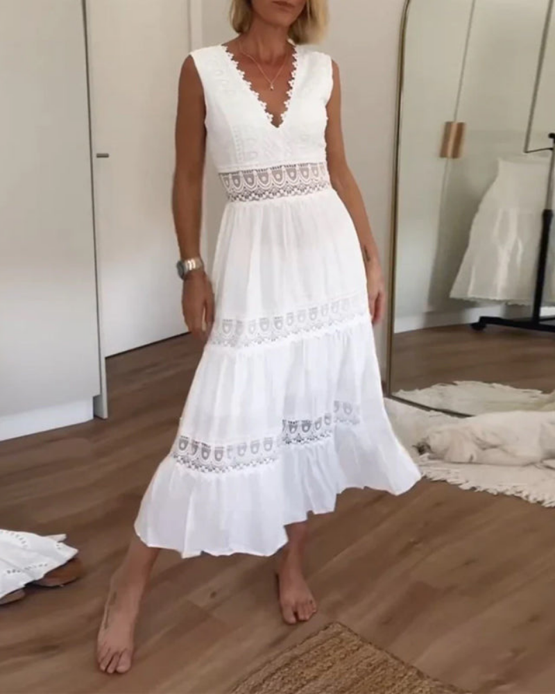 Blanche | Women's Cotton Lace Panel Tiered V-Neck Maxi Dress