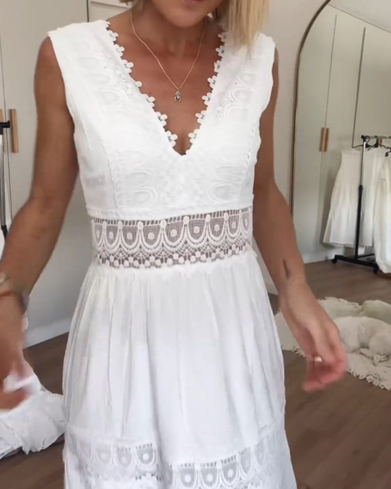 Blanche | Women's Cotton Lace Panel Tiered V-Neck Maxi Dress