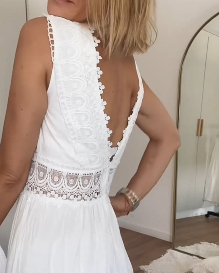 Blanche | Women's Cotton Lace Panel Tiered V-Neck Maxi Dress