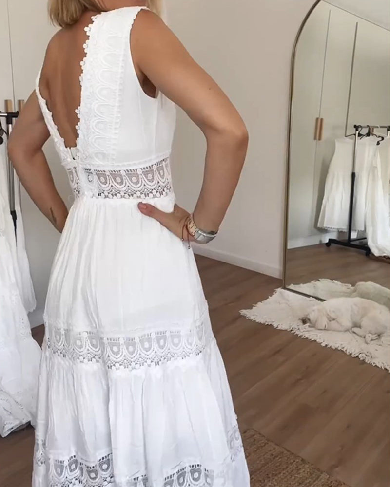 Blanche | Women's Cotton Lace Panel Tiered V-Neck Maxi Dress