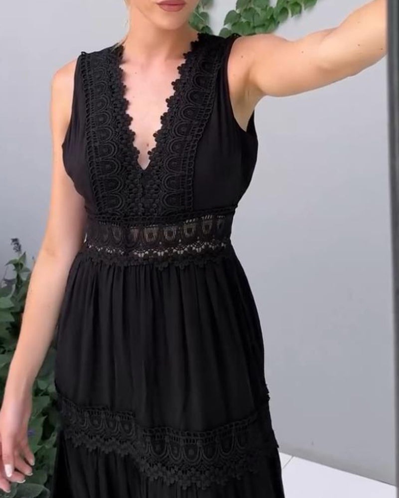 Blanche | Women's Cotton Lace Panel Tiered V-Neck Maxi Dress