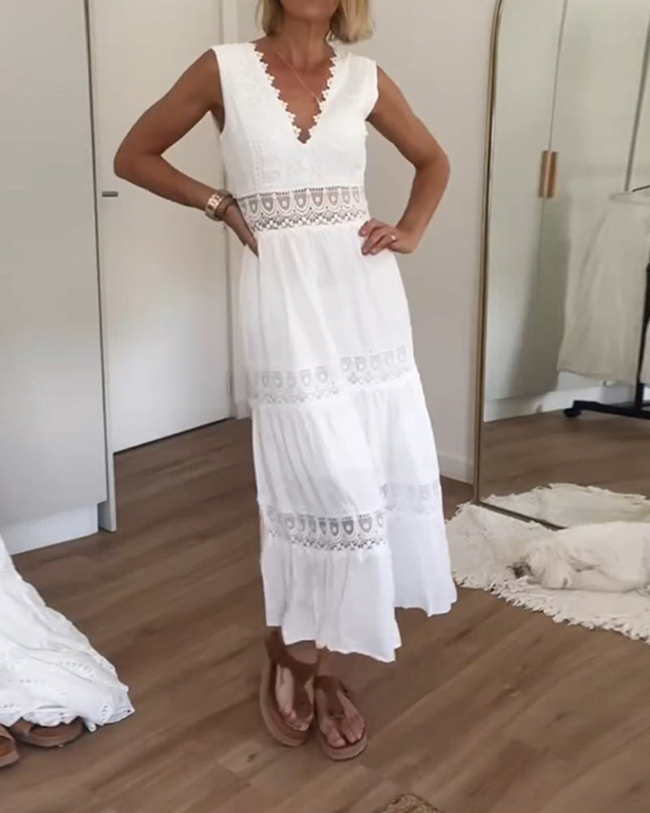 Blanche | Women's Cotton Lace Panel Tiered V-Neck Maxi Dress