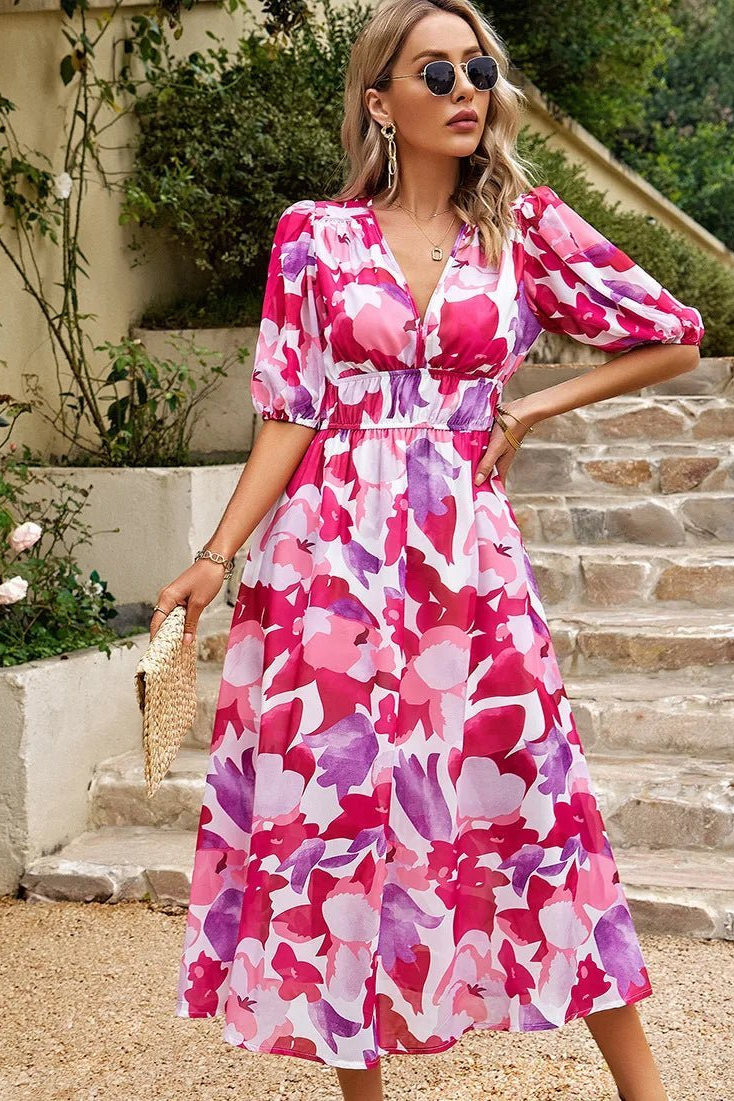 Blossom | Women's Chiffon Floral Puff Sleeve Midi Dress