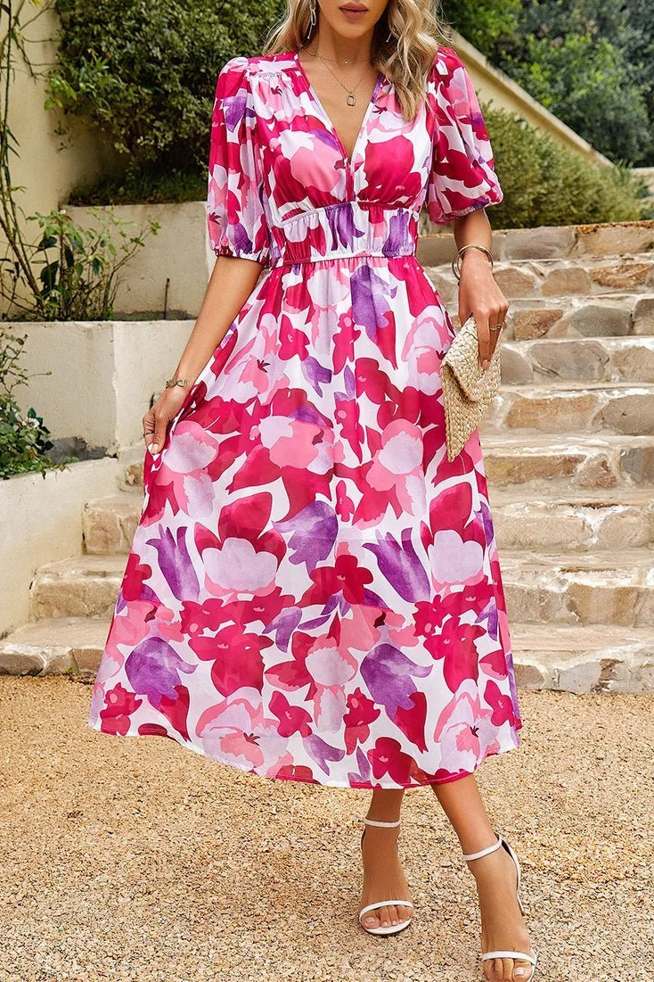 Blossom | Women's Chiffon Floral Puff Sleeve Midi Dress
