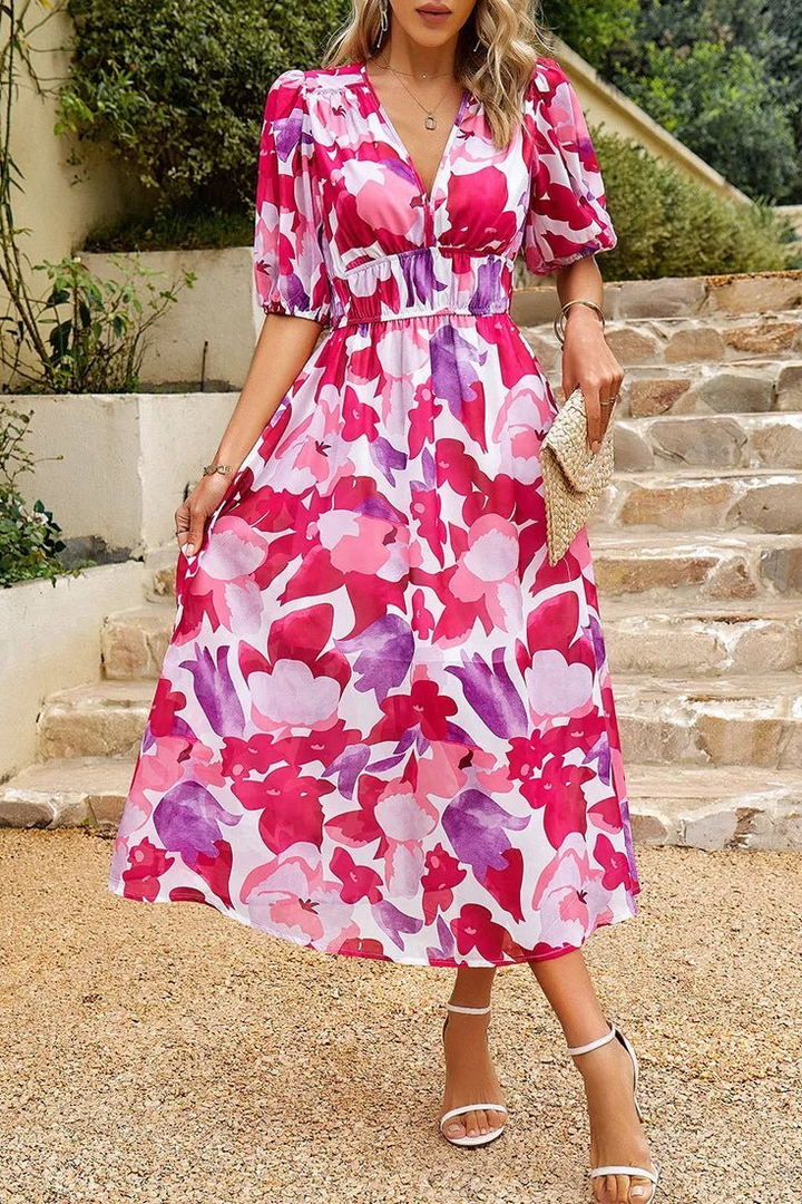 Blossom | Women's Chiffon Floral Puff Sleeve Midi Dress