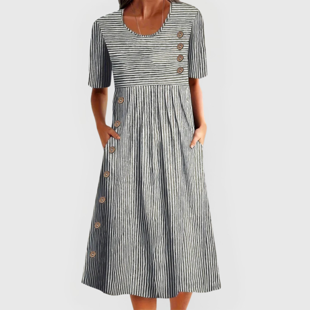 Britta | Women's Linen Striped Button-Trim Scoop Neck Midi Dress