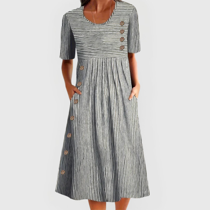 Britta | Women's Linen Striped Button-Trim Scoop Neck Midi Dress