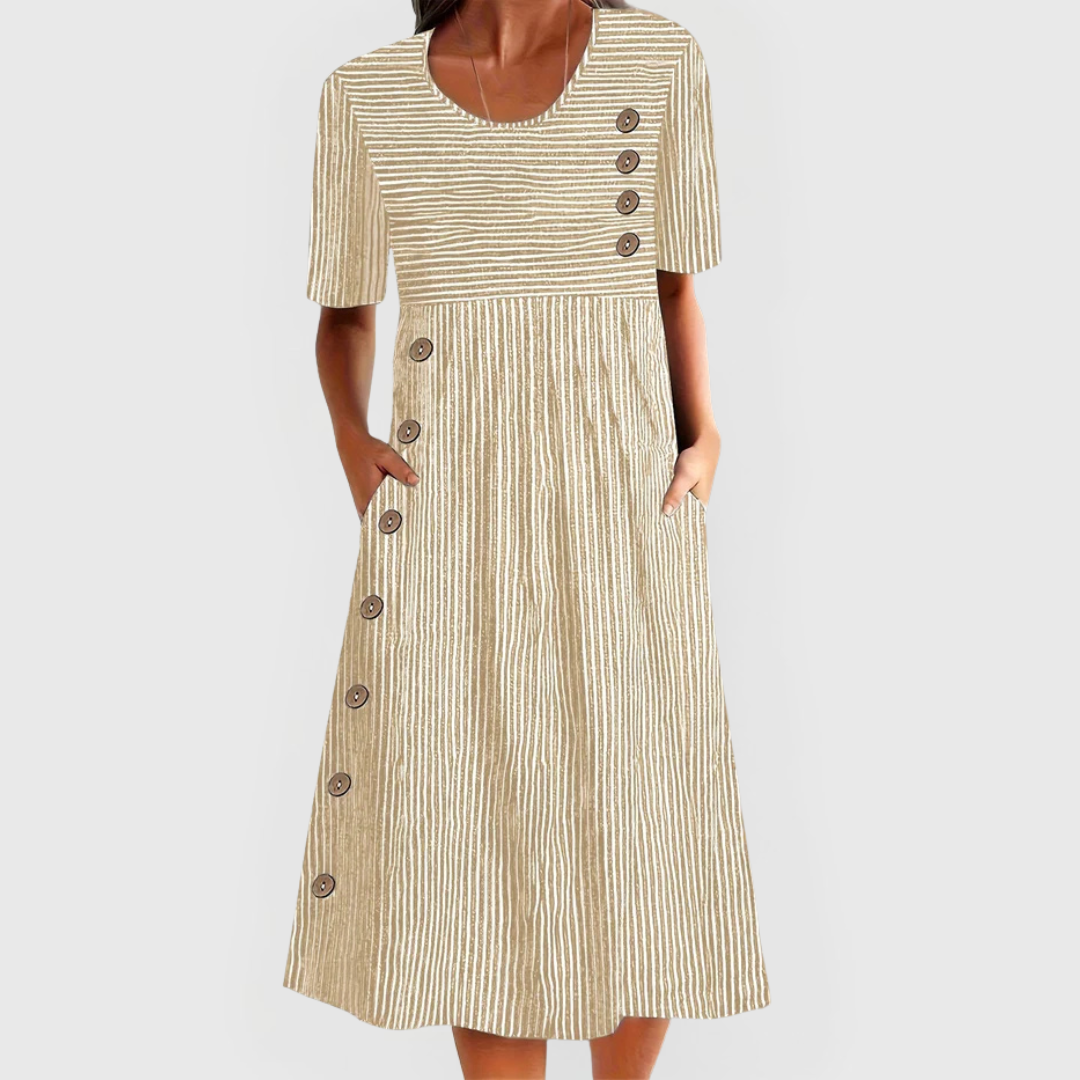 Britta | Women's Linen Striped Button-Trim Scoop Neck Midi Dress