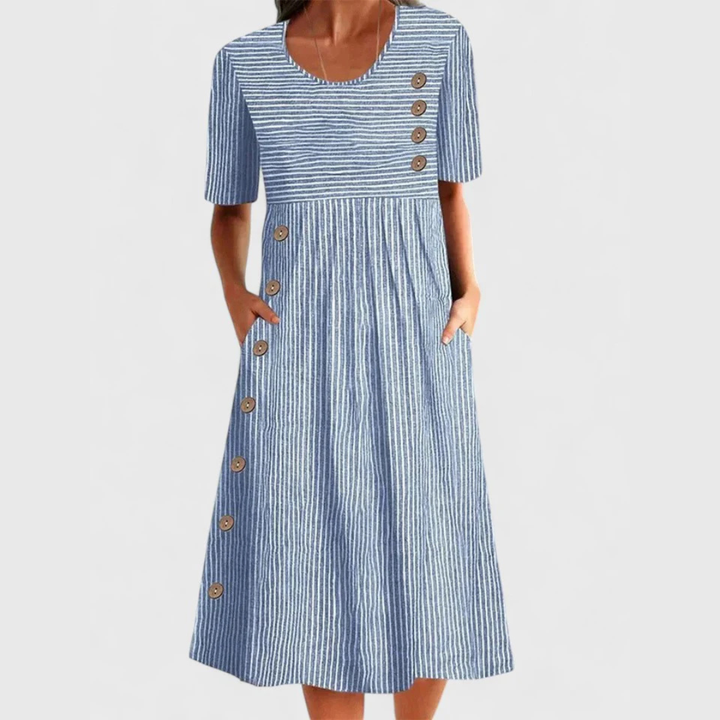 Britta | Women's Linen Striped Button-Trim Scoop Neck Midi Dress