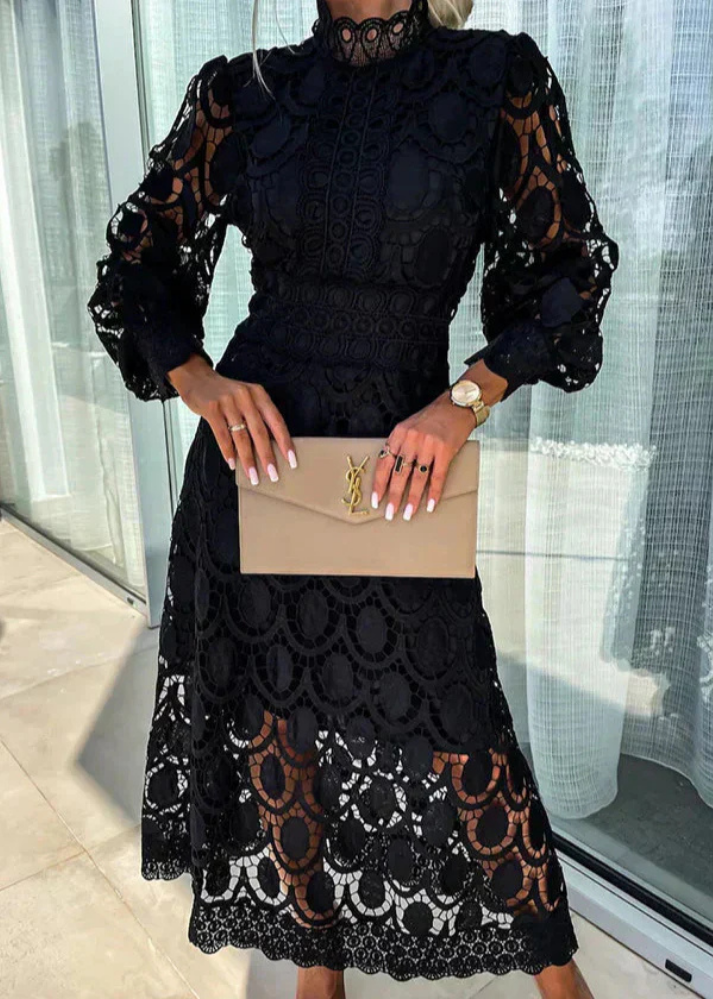 Camille | Women's Lace Mock Neck Long Sleeve A-Line Midi Dress