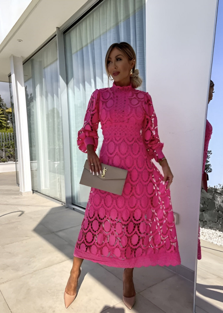 Camille | Women's Lace Mock Neck Long Sleeve A-Line Midi Dress