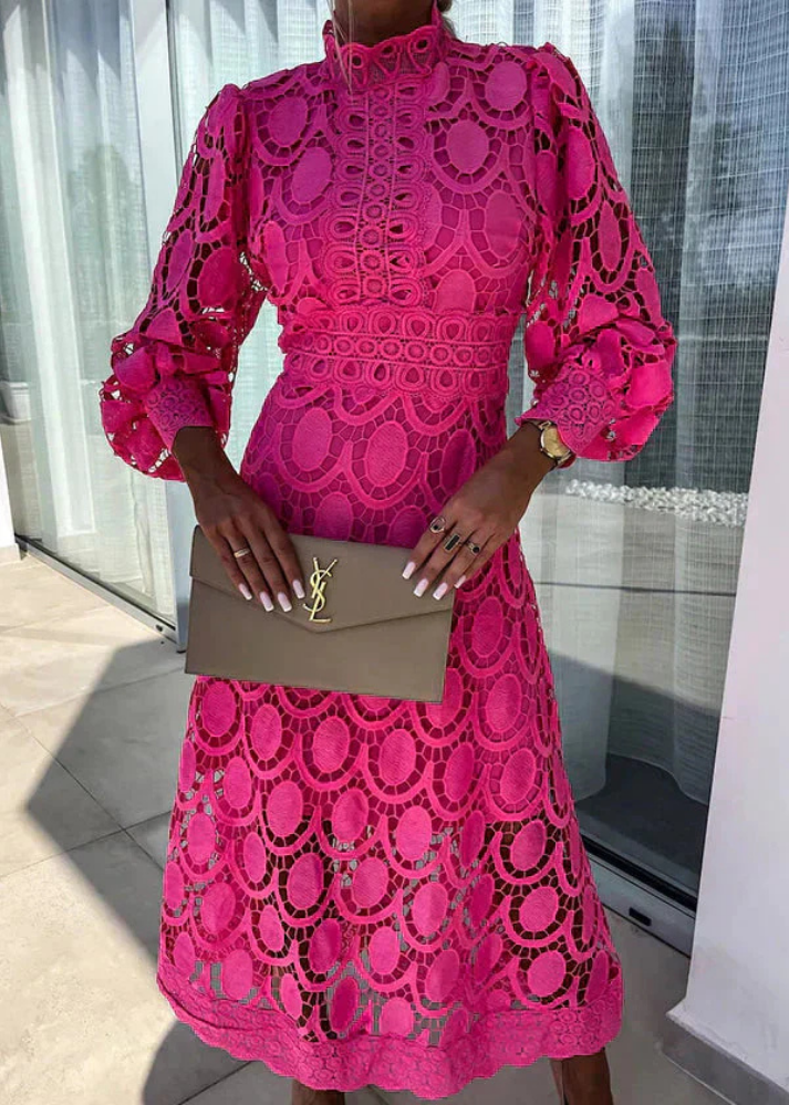 Camille | Women's Lace Mock Neck Long Sleeve A-Line Midi Dress