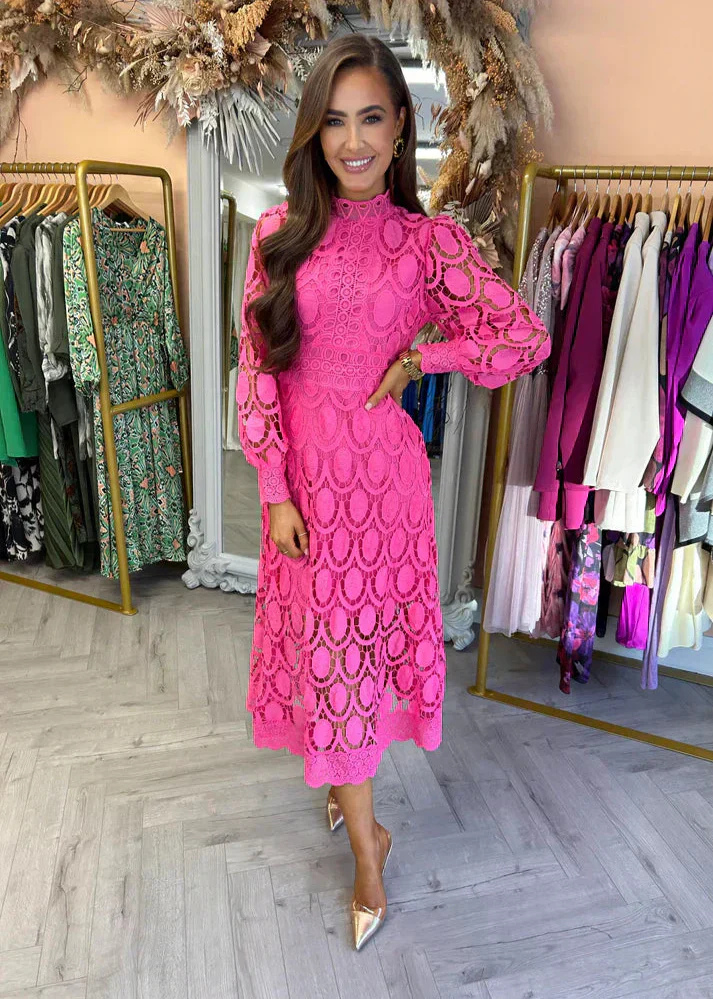 Camille | Women's Lace Mock Neck Long Sleeve A-Line Midi Dress
