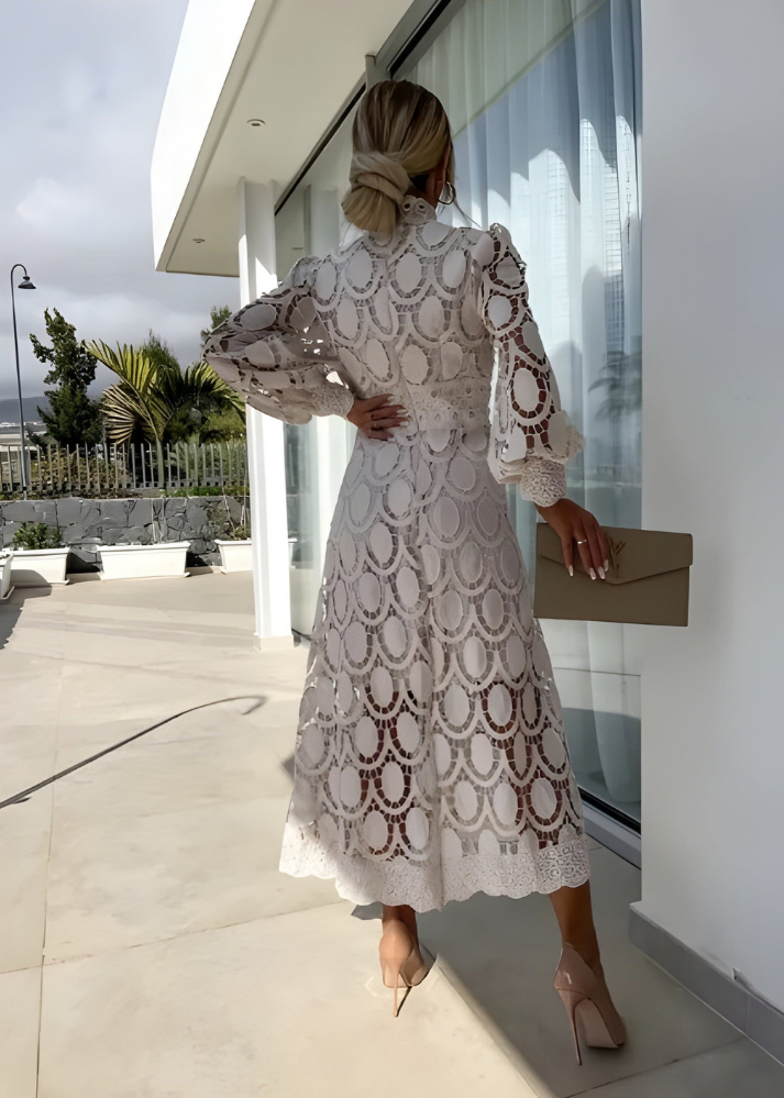 Camille | Women's Lace Mock Neck Long Sleeve A-Line Midi Dress