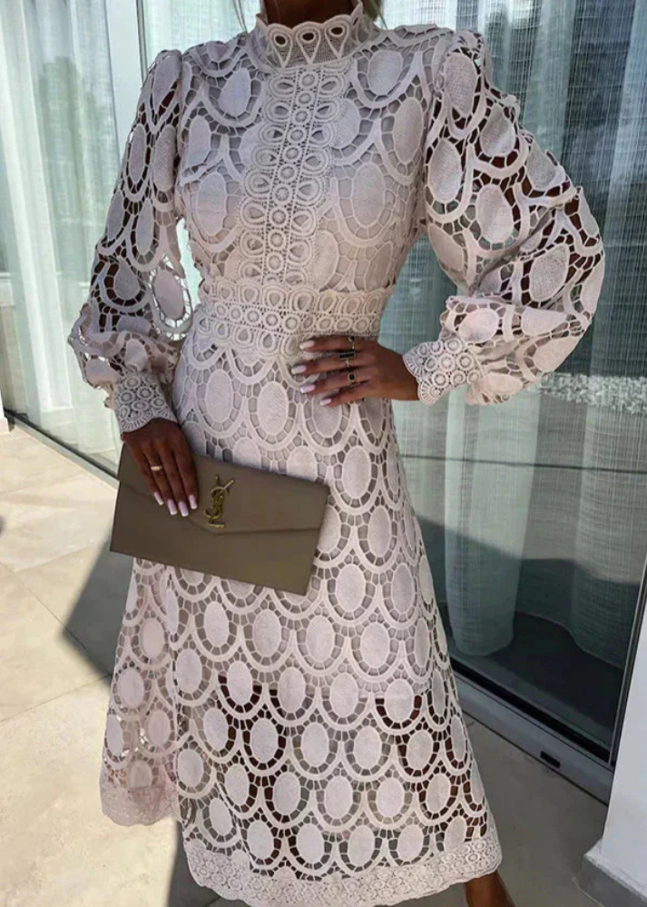 Camille | Women's Lace Mock Neck Long Sleeve A-Line Midi Dress