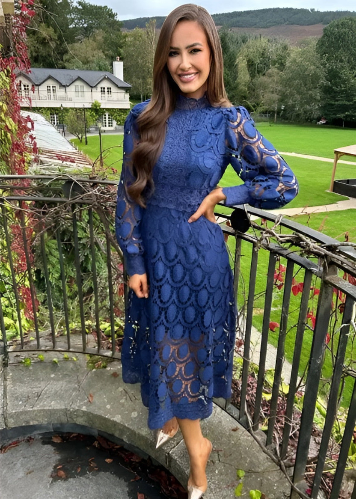 Camille | Women's Lace Mock Neck Long Sleeve A-Line Midi Dress