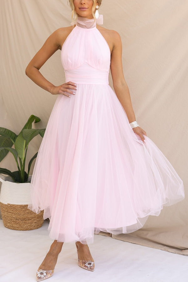 Celestia | Women's Chiffon Mesh Halter Neck Ruched Waist A-Line Midi Dress