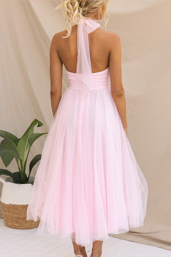 Celestia | Women's Chiffon Mesh Halter Neck Ruched Waist A-Line Midi Dress