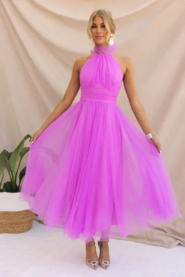 Celestia | Women's Chiffon Mesh Halter Neck Ruched Waist A-Line Midi Dress