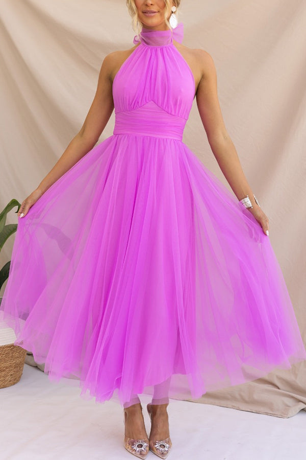 Celestia | Women's Chiffon Mesh Halter Neck Ruched Waist A-Line Midi Dress