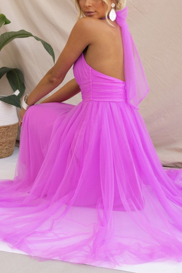 Celestia | Women's Chiffon Mesh Halter Neck Ruched Waist A-Line Midi Dress