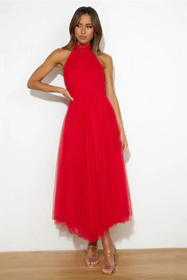 Celestia | Women's Chiffon Mesh Halter Neck Ruched Waist A-Line Midi Dress
