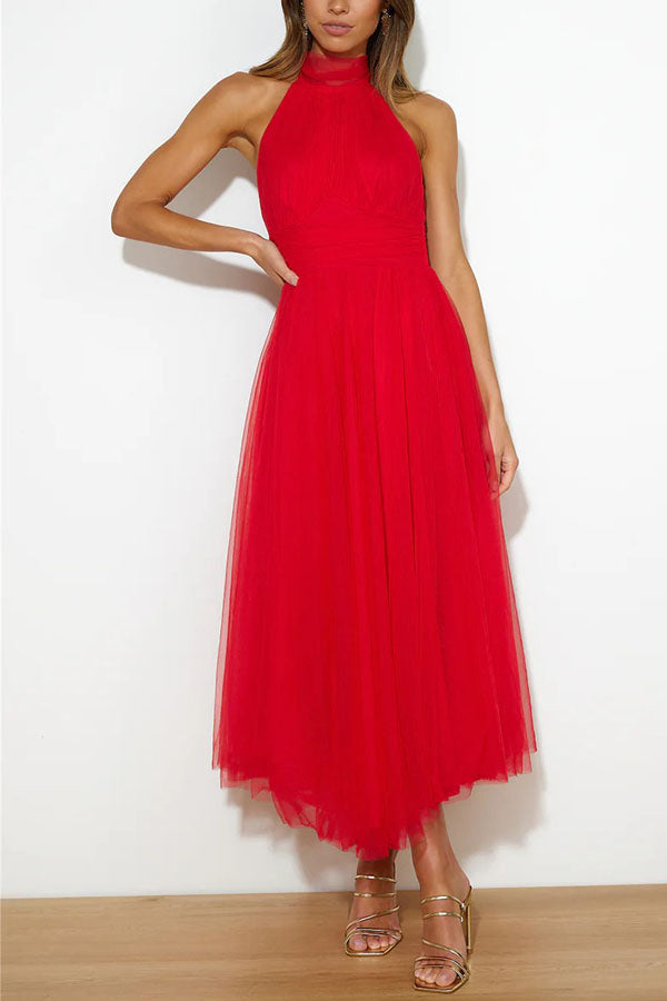 Celestia | Women's Chiffon Mesh Halter Neck Ruched Waist A-Line Midi Dress