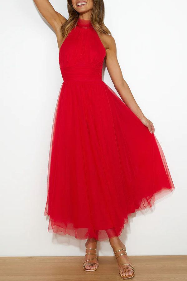 Celestia | Women's Chiffon Mesh Halter Neck Ruched Waist A-Line Midi Dress