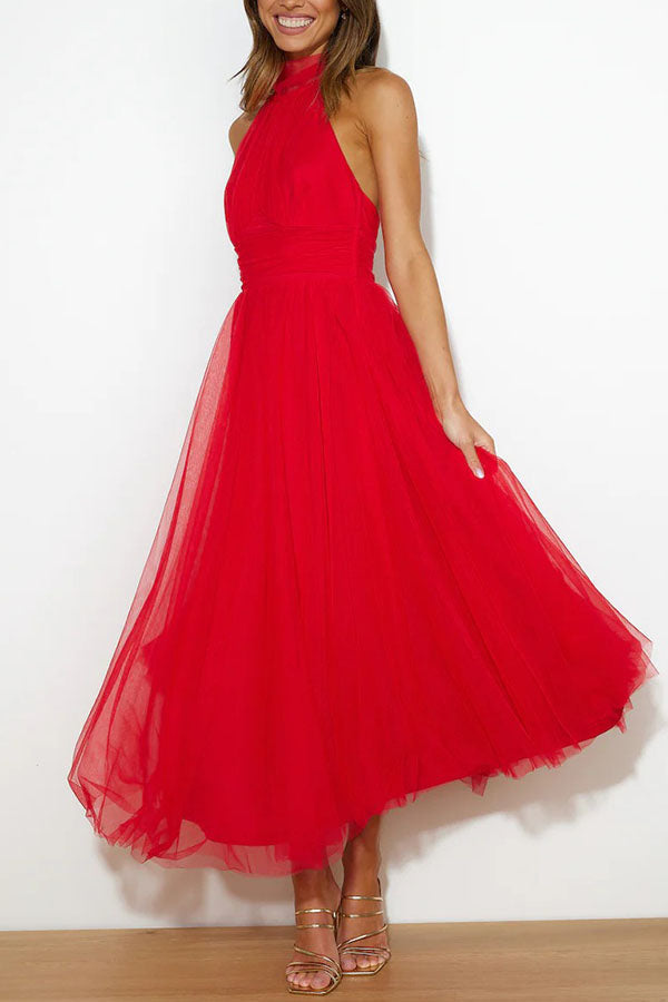Celestia | Women's Chiffon Mesh Halter Neck Ruched Waist A-Line Midi Dress