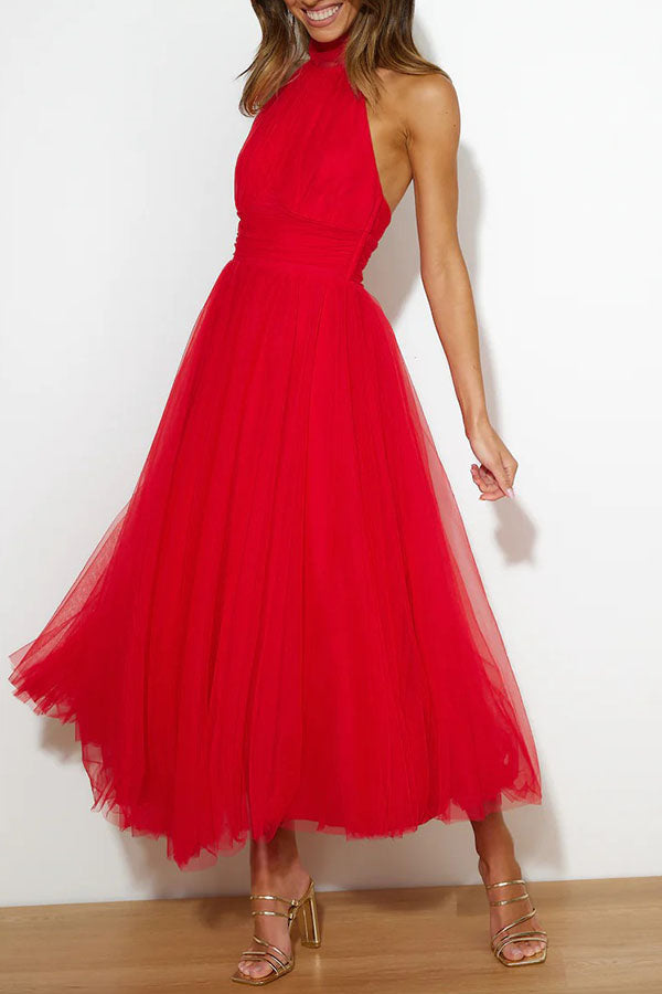 Celestia | Women's Chiffon Mesh Halter Neck Ruched Waist A-Line Midi Dress
