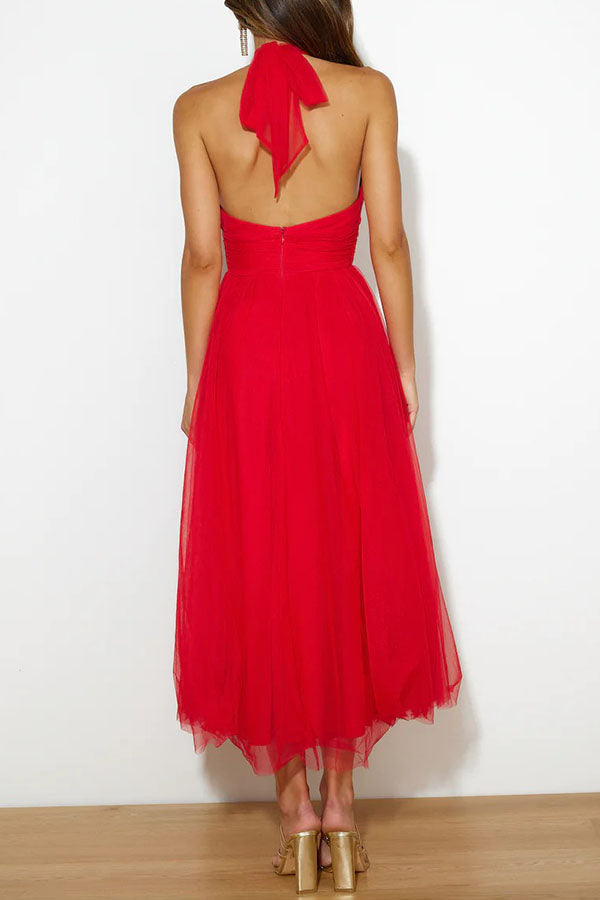 Celestia | Women's Chiffon Mesh Halter Neck Ruched Waist A-Line Midi Dress