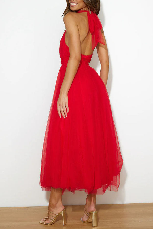 Celestia | Women's Chiffon Mesh Halter Neck Ruched Waist A-Line Midi Dress