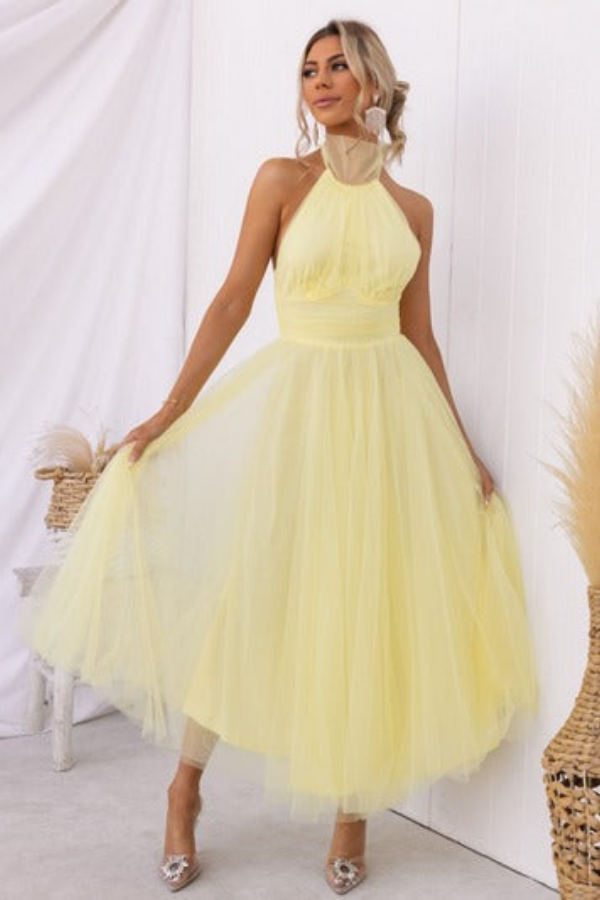 Celestia | Women's Chiffon Mesh Halter Neck Ruched Waist A-Line Midi Dress