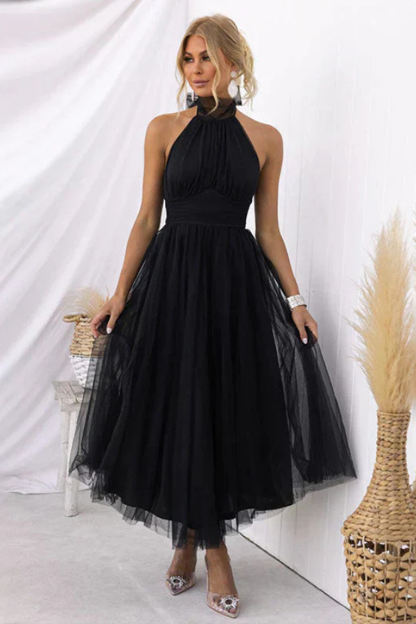 Celestia | Women's Chiffon Mesh Halter Neck Ruched Waist A-Line Midi Dress