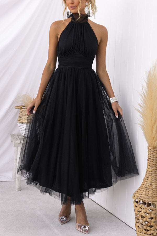 Celestia | Women's Chiffon Mesh Halter Neck Ruched Waist A-Line Midi Dress