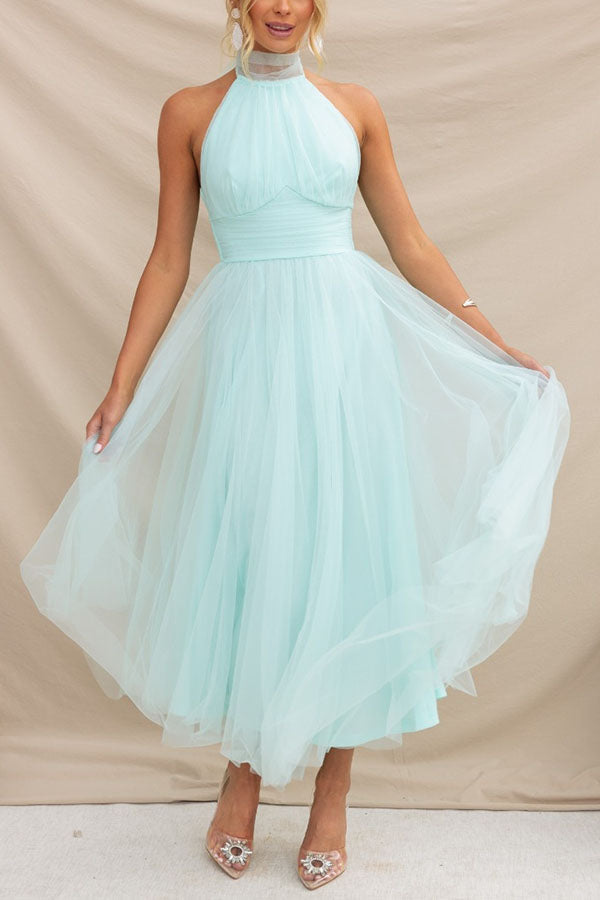 Celestia | Women's Chiffon Mesh Halter Neck Ruched Waist A-Line Midi Dress