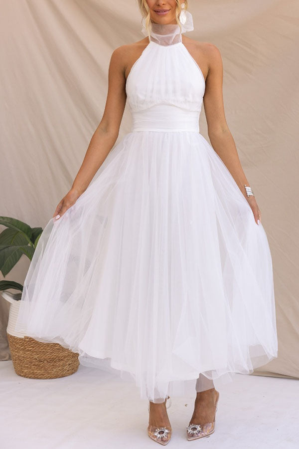 Celestia | Women's Chiffon Mesh Halter Neck Ruched Waist A-Line Midi Dress