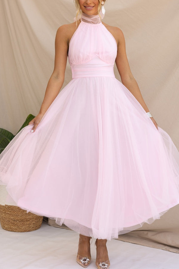 Celestia | Women's Chiffon Mesh Halter Neck Ruched Waist A-Line Midi Dress