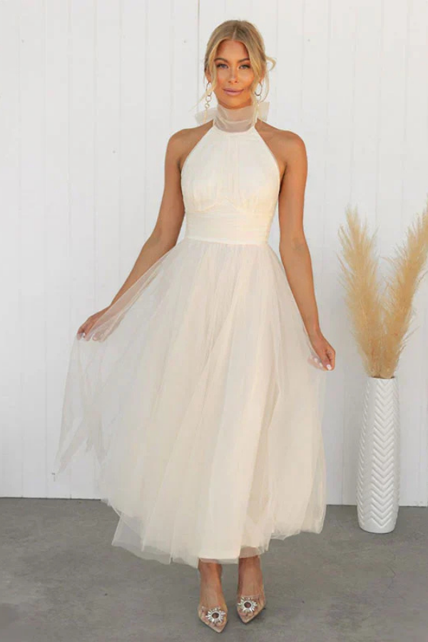 Celestia | Women's Chiffon Mesh Halter Neck Ruched Waist A-Line Midi Dress