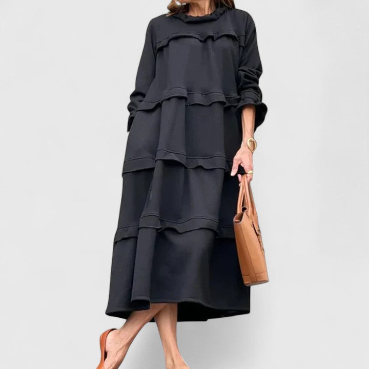 Darby | Women's Black Stretch Tiered Ruffle Long Sleeve Midi Dress