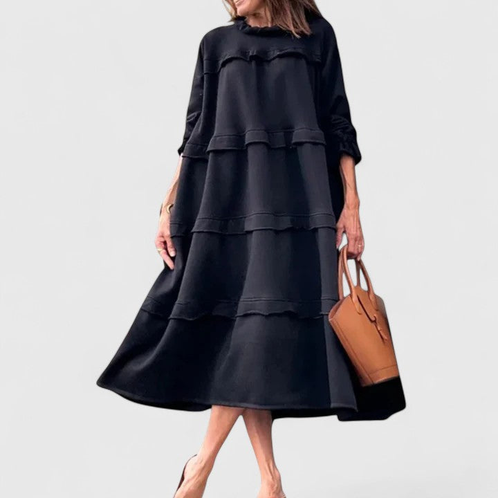 Darby | Women's Black Stretch Tiered Ruffle Long Sleeve Midi Dress