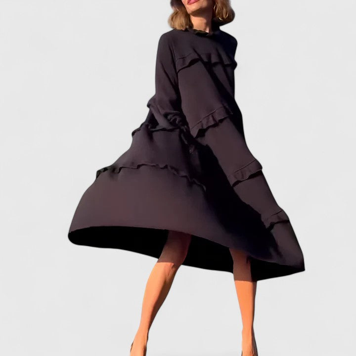 Darby | Women's Black Stretch Tiered Ruffle Long Sleeve Midi Dress