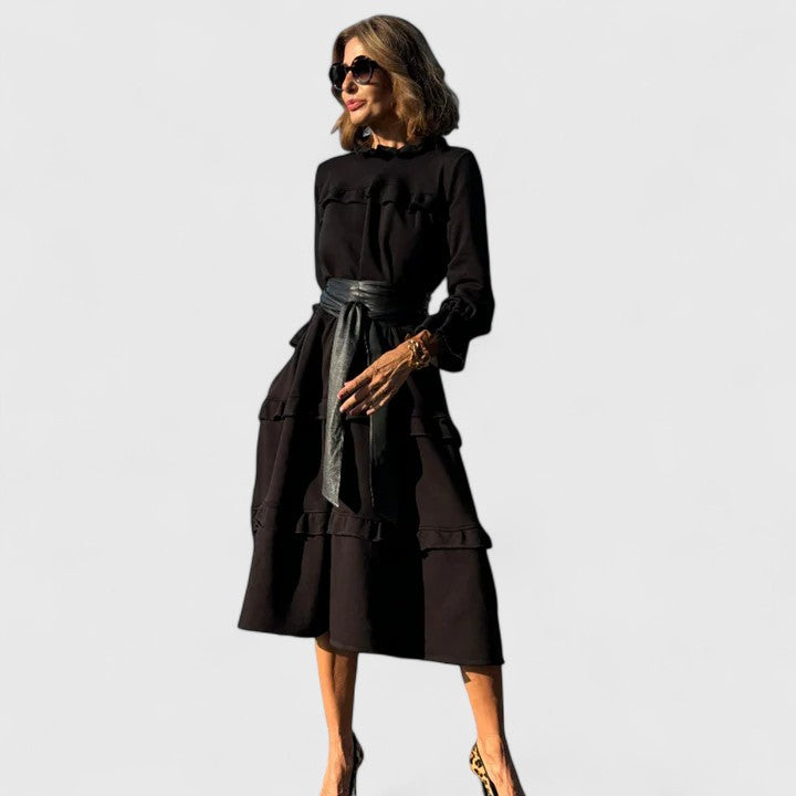 Darby | Women's Black Stretch Tiered Ruffle Long Sleeve Midi Dress