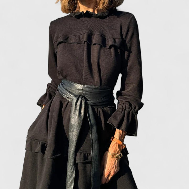 Darby | Women's Black Stretch Tiered Ruffle Long Sleeve Midi Dress