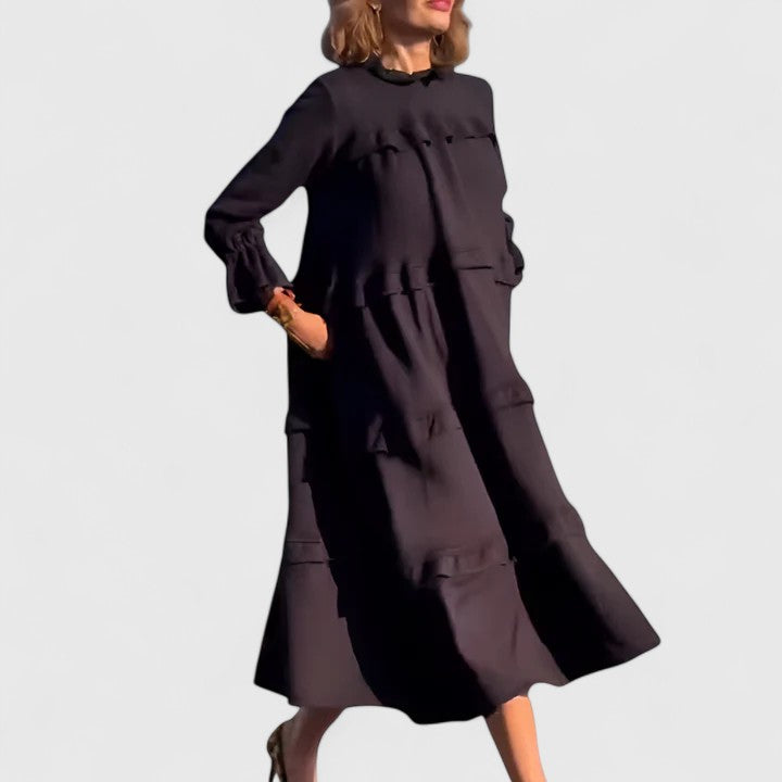Darby | Women's Black Stretch Tiered Ruffle Long Sleeve Midi Dress