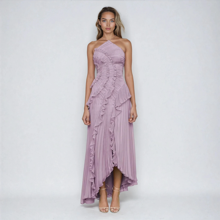 Elowen | Women's Purple Chiffon Pleated Ruffle Halter Hi-Low Maxi Dress
