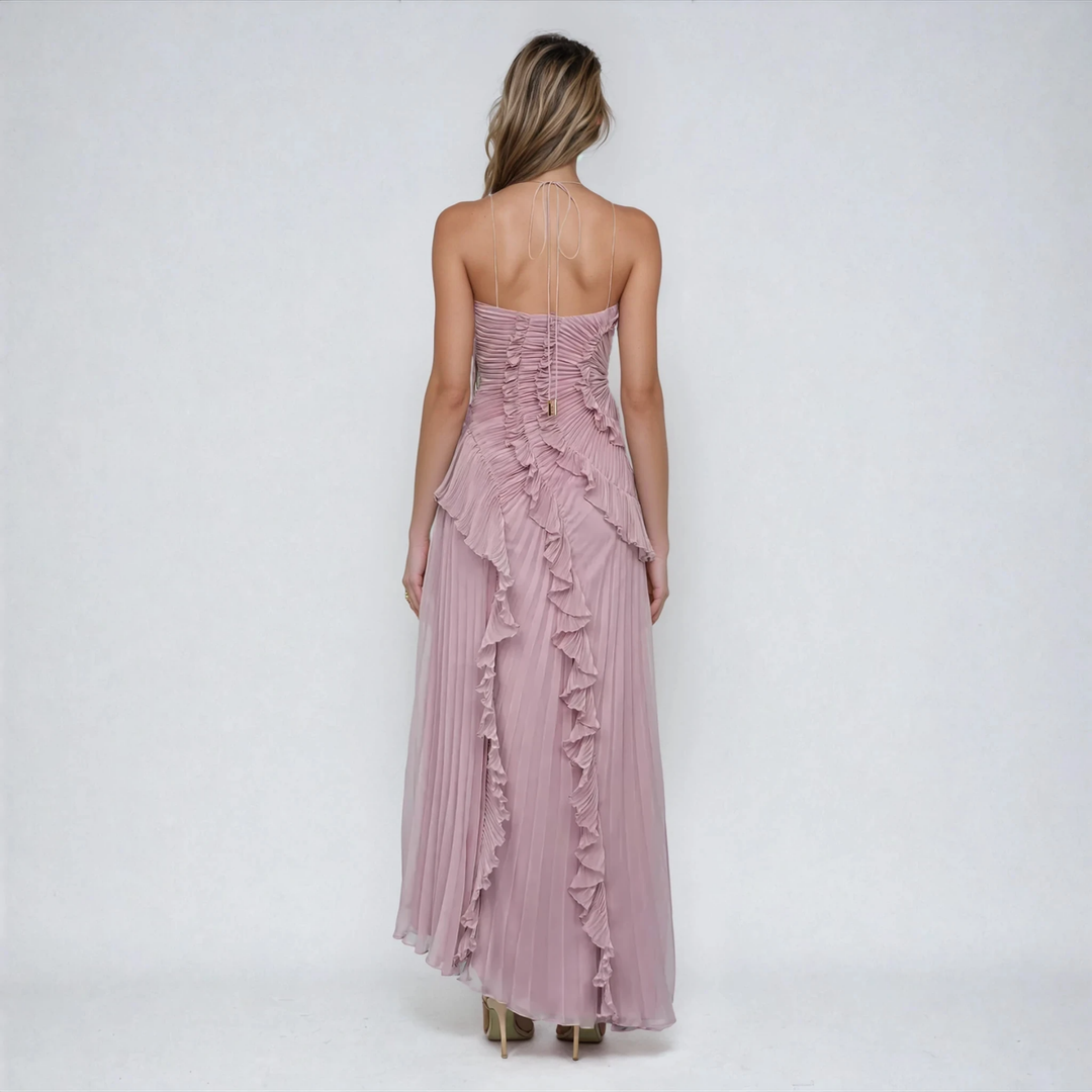 Elowen | Women's Purple Chiffon Pleated Ruffle Halter Hi-Low Maxi Dress